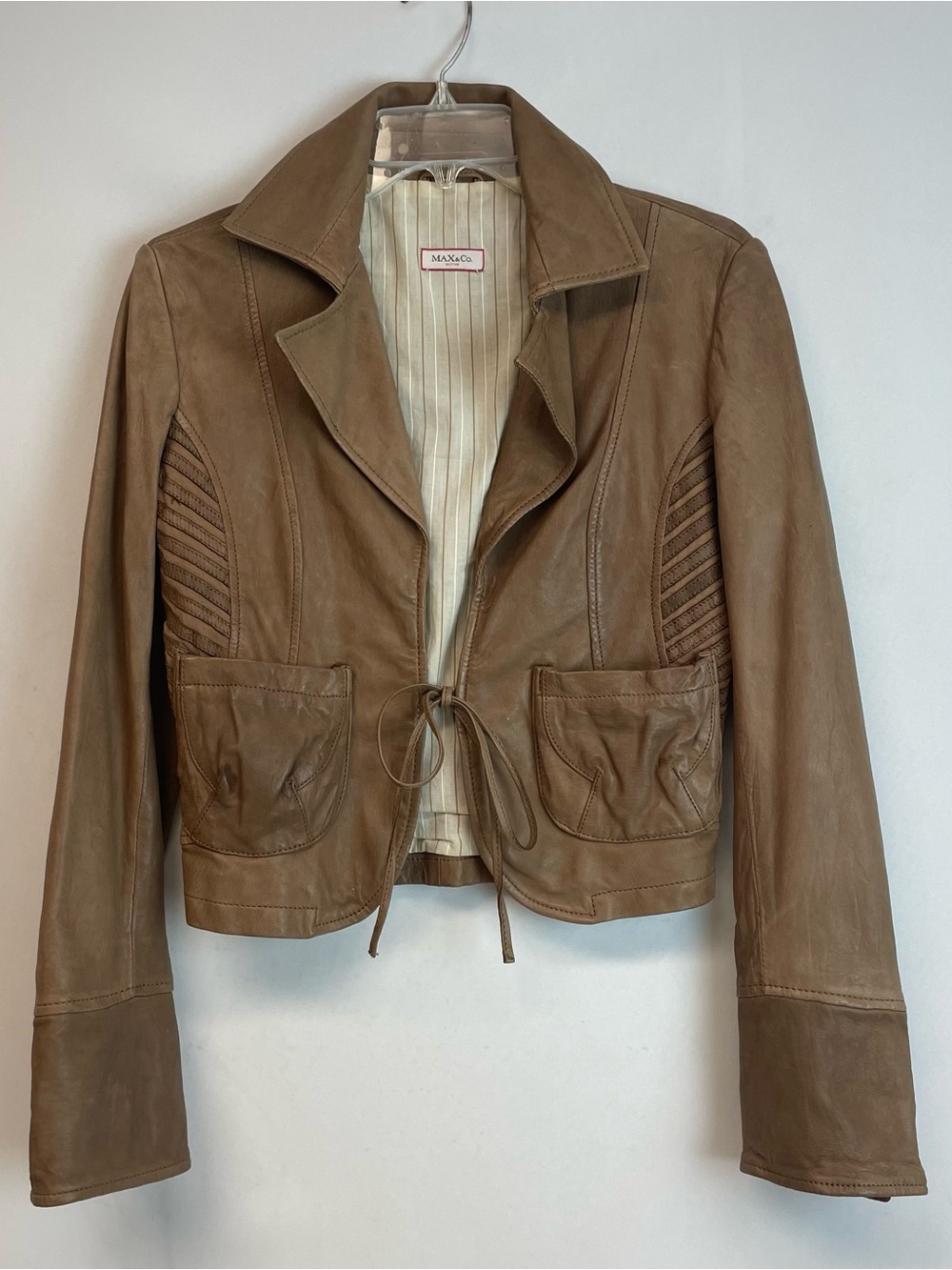 Vintage Max & Co. Brown Genuine Calf Leather Tie-Front Jacket Size Women’s S